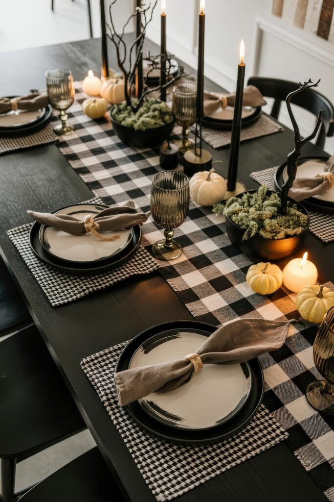 Monochrome Marvels: Black & White Thanksgiving Tablescapes 24 Warm and rustic black and white thanksgiving table with houndstooth placemats, brushstroke plates, dark candles, and minimalist pumpkin and moss centerpieces.