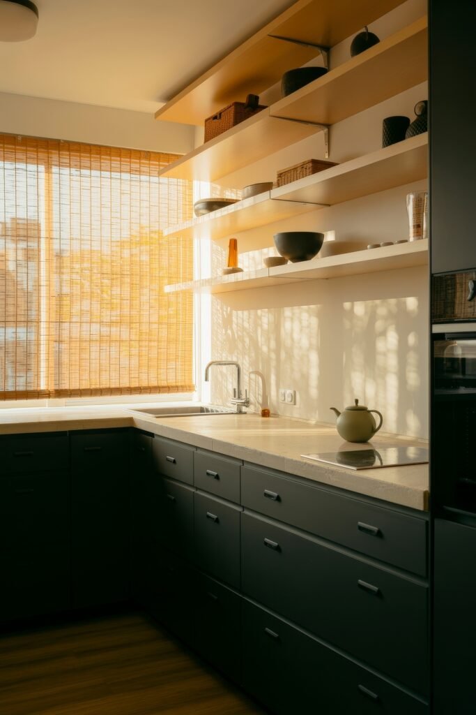 Chic Ways to Style a Modern Black Kitchen 22 Sunlit kitchen with black lower cabinets, beige countertops, and light wooden floating shelves, styled with ceramic and woven decor in a minimal modern black kitchen.