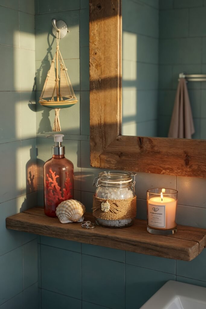 Gorgeous Ways to Elevate Your Bathroom Shelf Decor 26 Coastal-inspired bathroom with seafoam green tiles and rustic wood shelf decor, including a coral-printed soap dispenser, shell, jar of bath salts, and a lit candle, all warmly lit by the afternoon sun through a wooden-framed mirror.