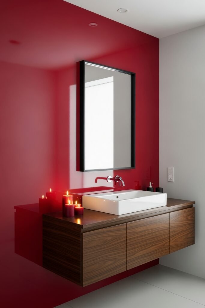 Creative Ways to Elevate Your Bathroom Wall Decor 26 Contemporary bathroom with glossy red accent wall, floating wood vanity, rectangular vessel sink, and red candles creating a romantic and dramatic ambiance.