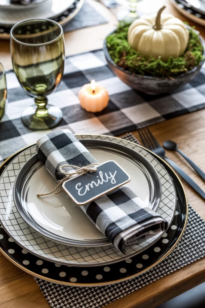Monochrome Marvels: Black & White Thanksgiving Tablescapes 25 Personalized thanksgiving place setting with a name tag labeled "Emily" atop a rolled gingham napkin, surrounded by patterned dinnerware, mossy pumpkin centerpiece, and a glowing votive candle.