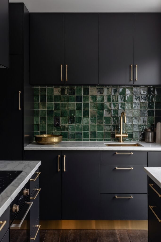 Stunning Ways to Style Black Kitchen Cabinets 28 Stylish black kitchen featuring brass hardware, glossy green square tile backsplash, and a white marble countertop, accented by a golden bowl and fixtures.