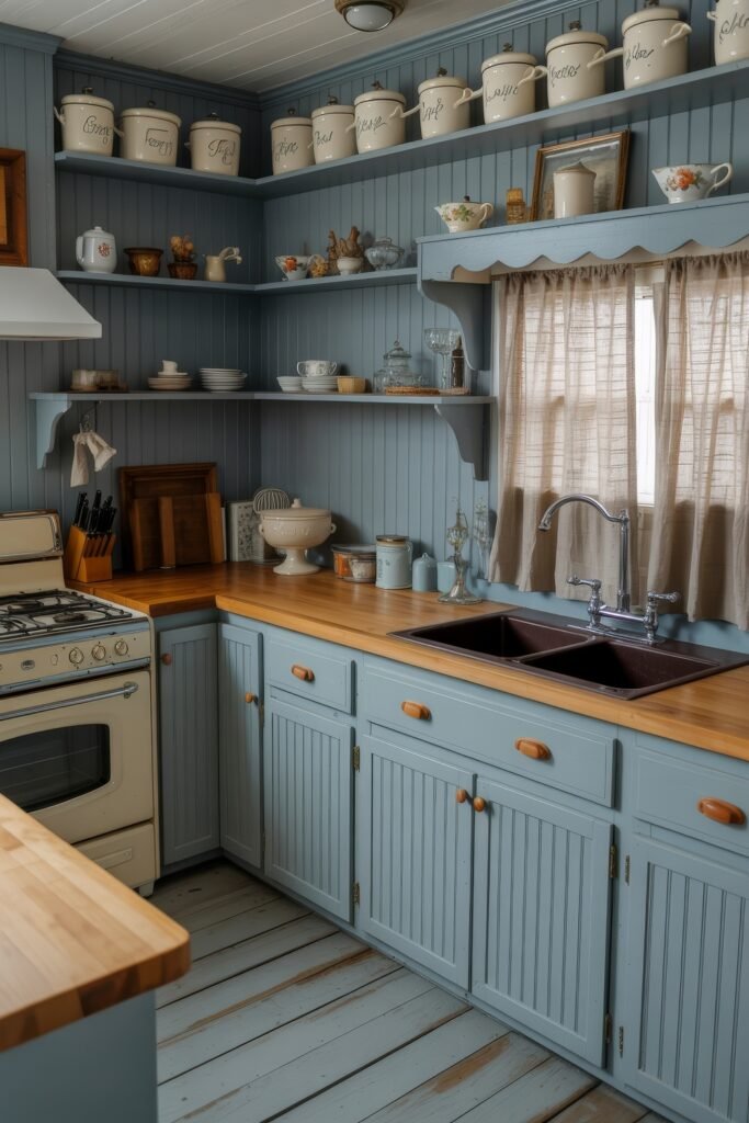 Inspiring Looks for Blue Kitchen Cabinets in Every Style 29 Country-style kitchen with light blue beadboard cabinets, wood countertops, open shelves, and vintage cream appliances under a soft, warm light.