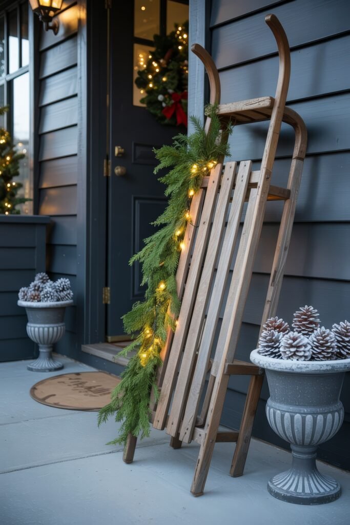 Front Door Cheer: Christmas Door Decorations Outdoor Ideas 29 A rustic sled decorated with pine garland and string lights leans beside a dark door, flanked by frosted pinecones in urn planters, enhancing outdoor christmas decorations with vintage charm.