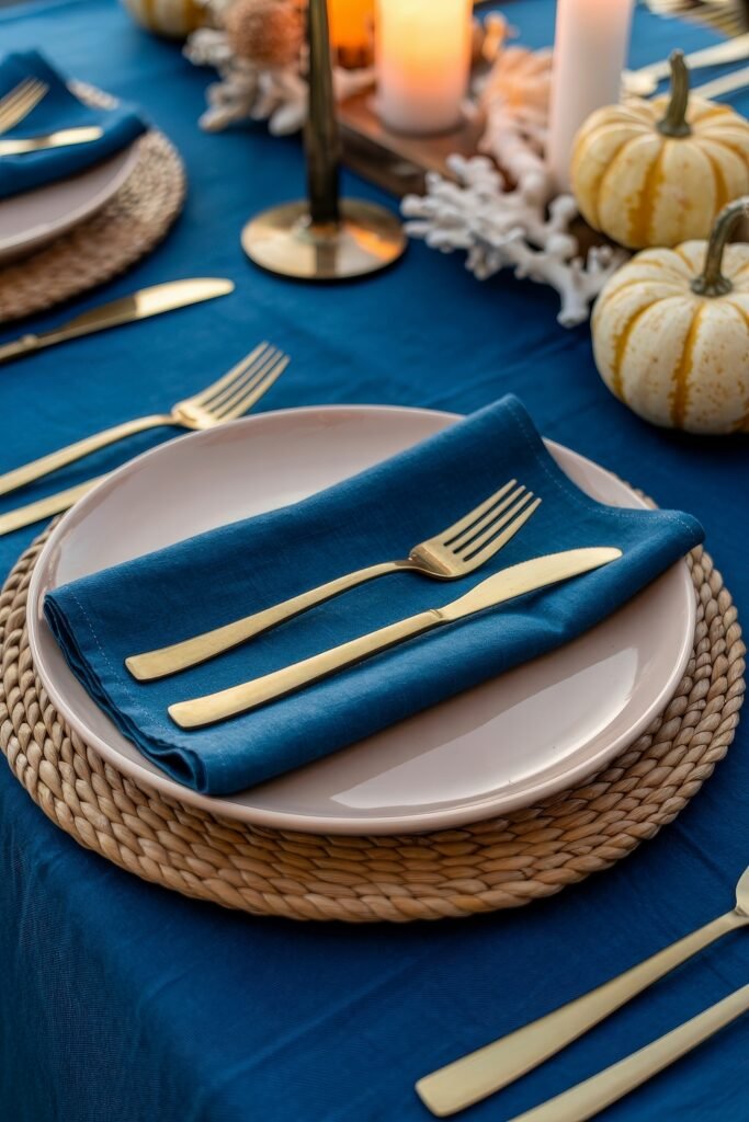 Breezy Blues & Driftwood Accents: Coastal Thanksgiving Tablescapes 24 Elegant place setting with gold flatware, cream dinnerware, and a deep blue napkin, surrounded by striped pumpkins, white coral, and warm candles for a refined coastal thanksgiving tablescape.
