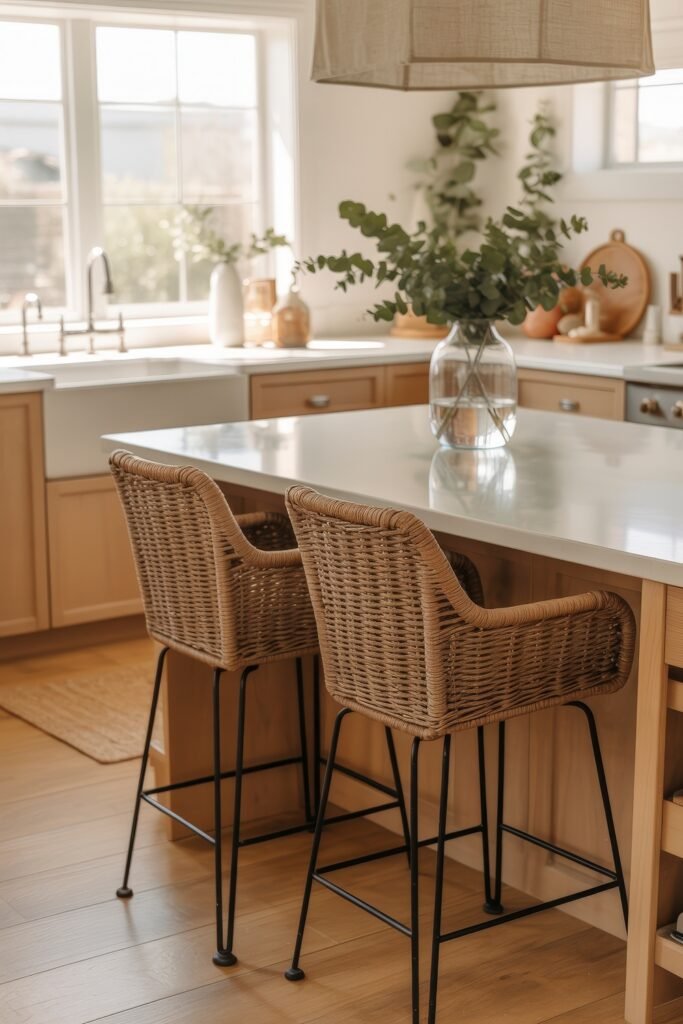 Rustic‑Modern Kitchen Ideas for Warm, Sleek Style 22 Bright kitchen with rattan barstools, a glossy white island, and glass vase of eucalyptus, set against light wood cabinetry and a large farmhouse sink beneath a sunny window.
