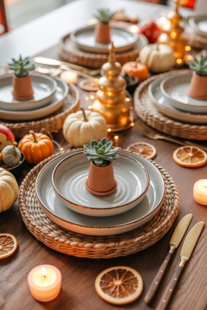 Effortless Harvest Table Looks: Thanksgiving Tablescapes Simple & Chic 23 Earthy, modern thanksgiving tablescapes arrangement featuring small terracotta potted succulents atop ceramic dishes, woven placemats, white pumpkins, dried oranges, and gold flatware.