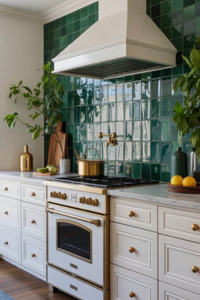 Inspiring Styles to Refresh Your White Kitchen Cabinets 23 Stylish kitchen with white cabinets, emerald green tile backsplash, gold fixtures, and fresh greenery adding a vibrant and luxurious touch.