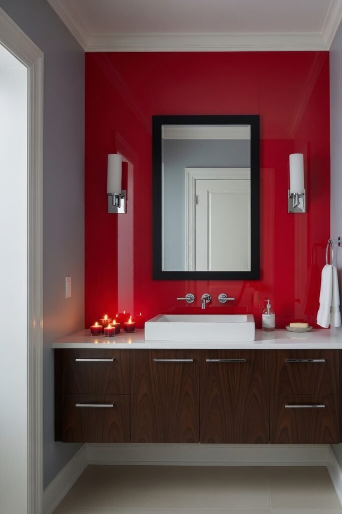 Creative Ways to Elevate Your Bathroom Wall Decor 27 Sleek bathroom featuring a bold red backsplash, floating dark wood cabinetry, and a clean white counter, softened by candlelight and framed by a bold black mirror.