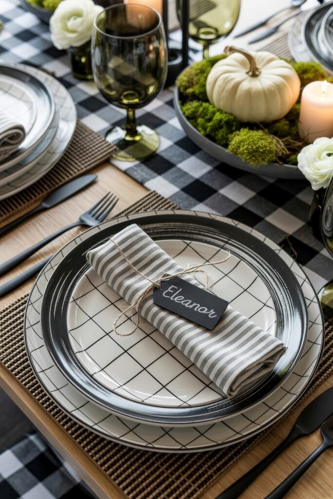 Monochrome Marvels: Black & White Thanksgiving Tablescapes 26 Charming thanksgiving place setting labeled “Eleanor,” featuring striped napkins on grid plates, green goblets, soft moss, white pumpkins, and delicate flowers along a gingham runner.