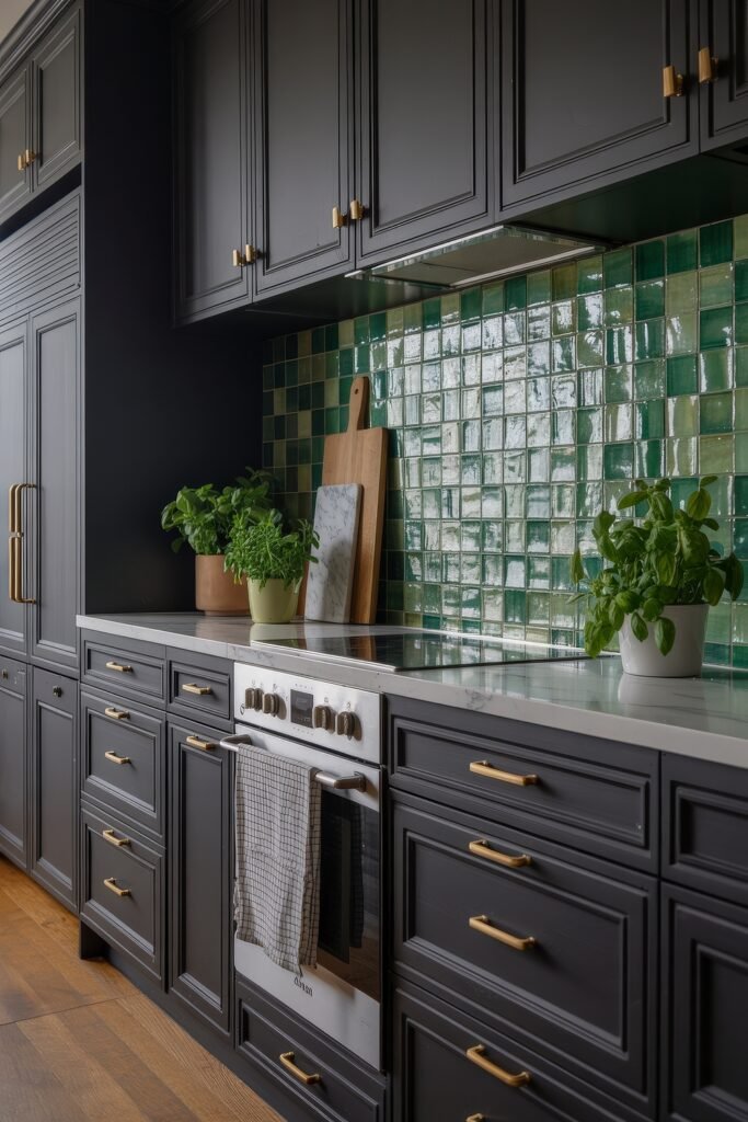 Stunning Ways to Style Black Kitchen Cabinets 29 Elegant kitchen with black kitchen cabinets, white marble countertops, and a green tiled backsplash, decorated with potted herbs and wooden cutting boards.