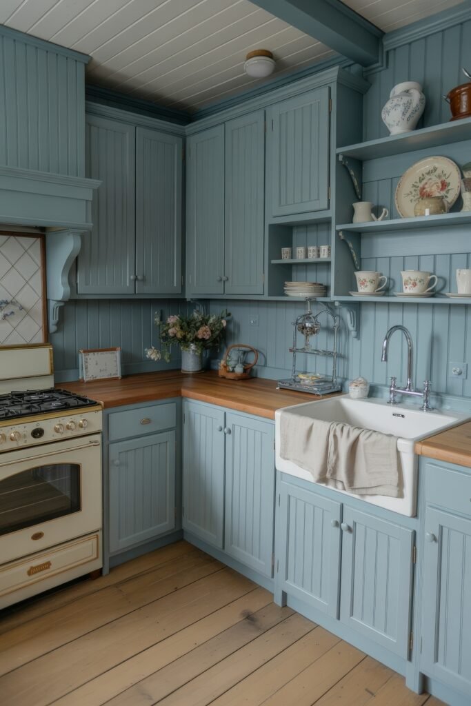 Inspiring Looks for Blue Kitchen Cabinets in Every Style 30 Cozy vintage kitchen with beadboard-style blue kitchen cabinets, butcher block countertops, cream-colored stove, and a farmhouse sink with a draped towel.
