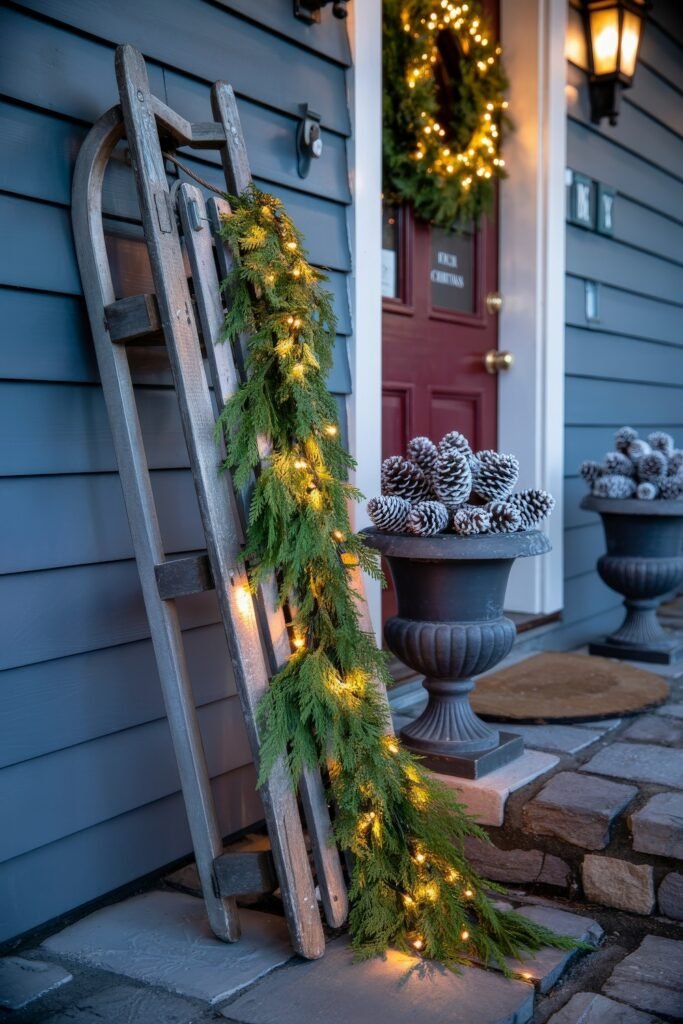 Front Door Cheer: Christmas Door Decorations Outdoor Ideas 30 A vintage wooden sled draped in lighted greenery rests near a red door with a wreath, surrounded by snow-dusted pinecones in decorative urns.