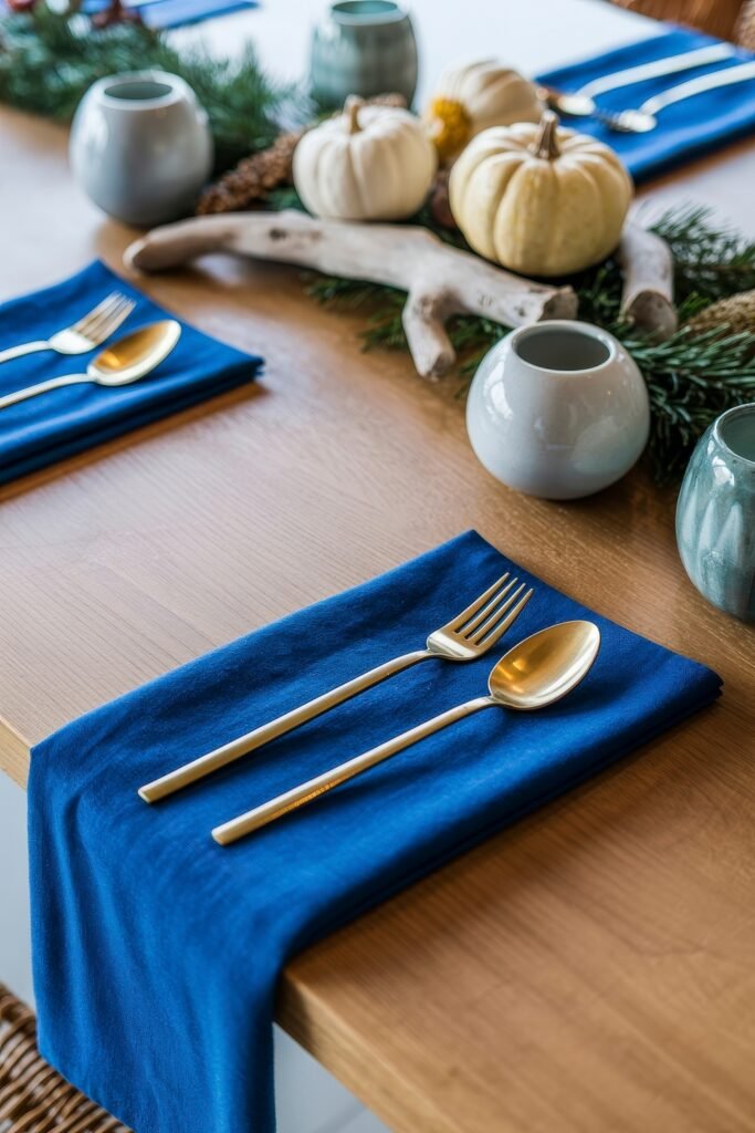 Breezy Blues & Driftwood Accents: Coastal Thanksgiving Tablescapes 25 Minimal coastal-inspired setting with white pumpkins, driftwood, evergreen branches, and ocean-toned ceramic vases, paired with navy napkins and gold flatware.