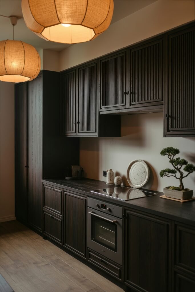 Chic Ways to Style a Modern Black Kitchen 24 Dark-toned modern black kitchen with ribbed cabinet textures, neutral ceramic decor, and soft pendant lighting creating a tranquil and refined ambiance.
