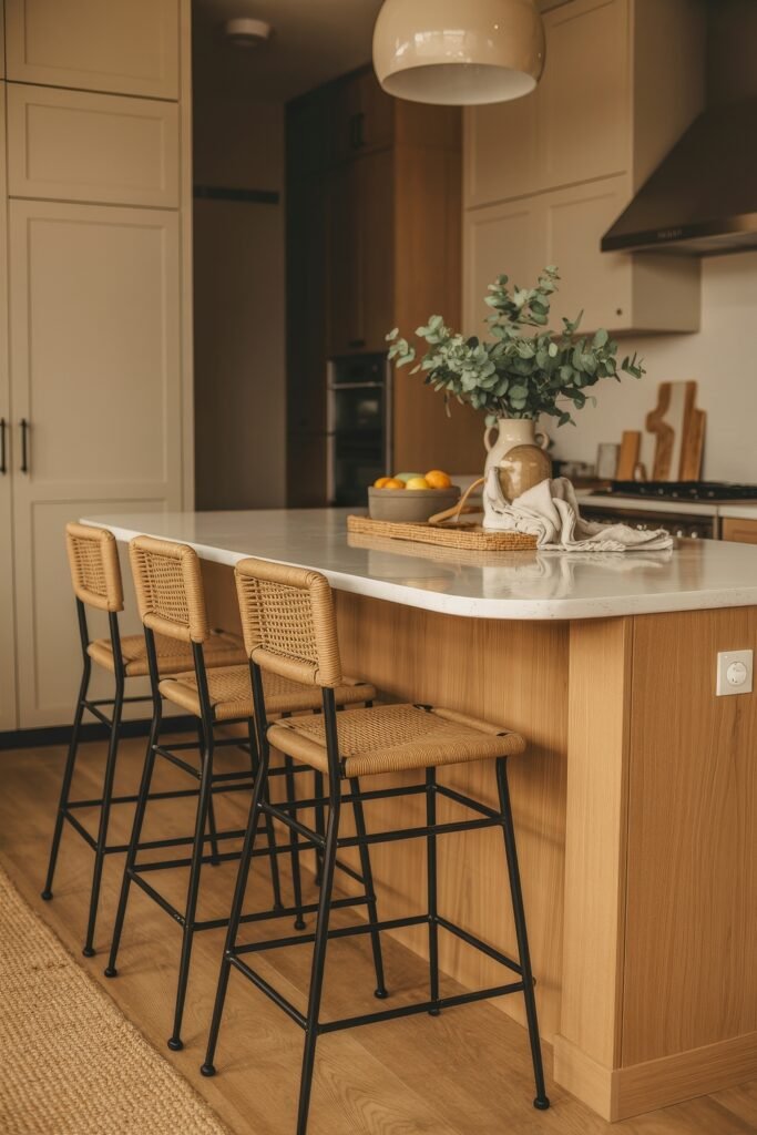 Rustic‑Modern Kitchen Ideas for Warm, Sleek Style 23 Inviting kitchen with a marble island, woven barstools, and a central arrangement of eucalyptus and citrus, surrounded by neutral cabinetry and warm wood finishes.