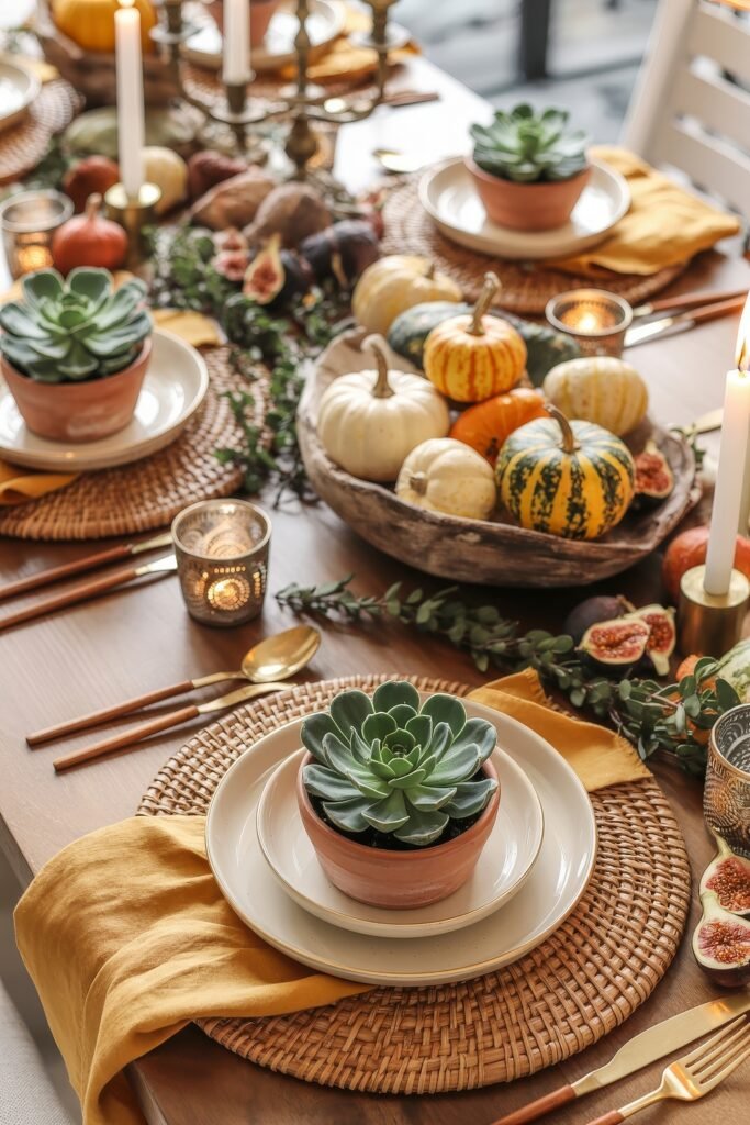 Effortless Harvest Table Looks: Thanksgiving Tablescapes Simple & Chic 24 Bright and inviting Thanksgiving table with succulents as plate toppers, rattan placemats, and a centerpiece of colorful gourds, figs, and taper candles, offering a mix of rustic and natural textures.