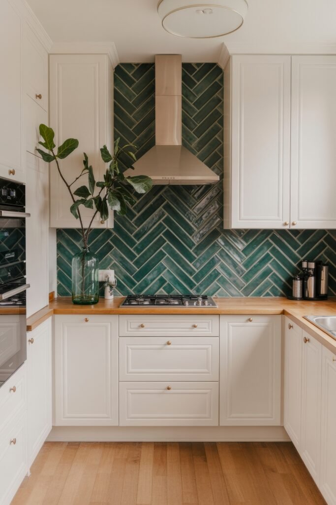 Inspiring Styles to Refresh Your White Kitchen Cabinets 24 Contemporary kitchen with white cabinetry, herringbone-patterned green tile backsplash, and natural wood countertops, enhanced by a large glass vase with a leafy branch.