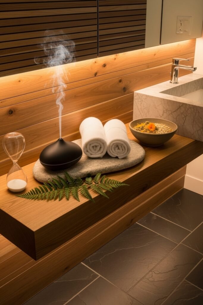 Gorgeous Ways to Elevate Your Bathroom Shelf Decor 28 Spa-like bathroom with a floating wooden shelf displaying rolled towels, a black diffuser, sand timer, and natural elements like ferns and a bowl of dried flowers, all softly illuminated against warm wood paneling and a marble sink.