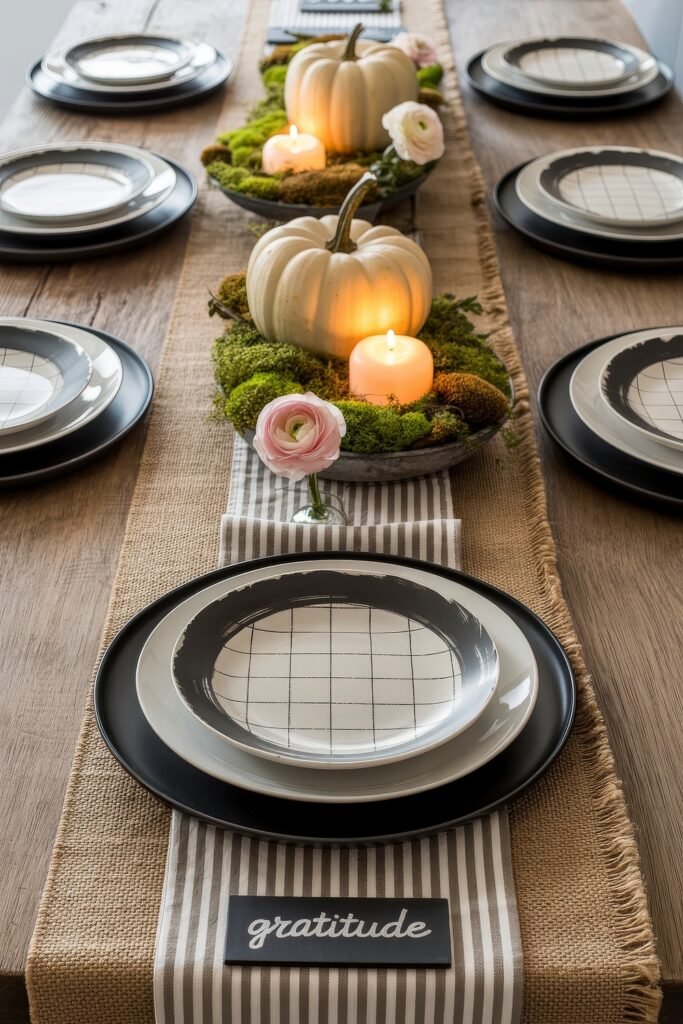 Monochrome Marvels: Black & White Thanksgiving Tablescapes 27 Thanksgiving tablescape with a “gratitude” place card, striped napkin, moss and white pumpkin centerpiece, glowing candles, and layered black and grid-patterned dinnerware on a burlap runner.