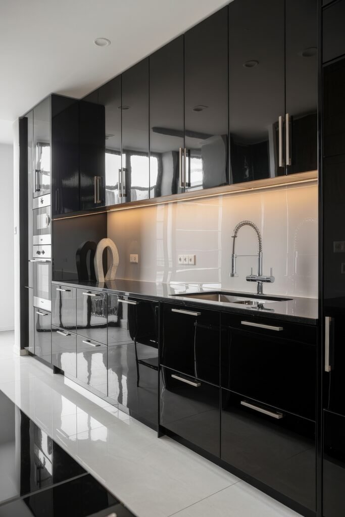 Stunning Ways to Style Black Kitchen Cabinets 30 Ultra-modern kitchen with high-gloss black kitchen cabinets, a sleek white and mirrored backsplash, and integrated lighting that enhances the minimalist design.