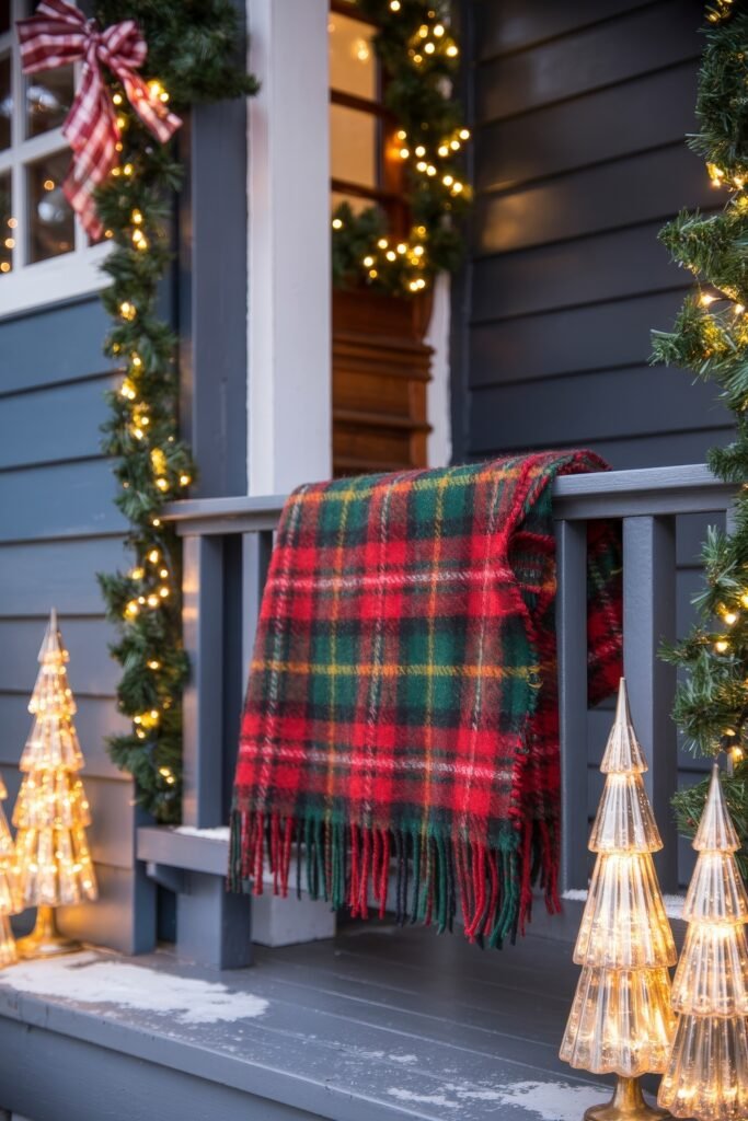 Front Door Cheer: Christmas Door Decorations Outdoor Ideas 31 A cozy plaid blanket draped over a porch railing decorated with garland and twinkling lights, surrounded by illuminated cone-shaped Christmas trees, creating a warm and inviting outdoor christmas decorations scene.