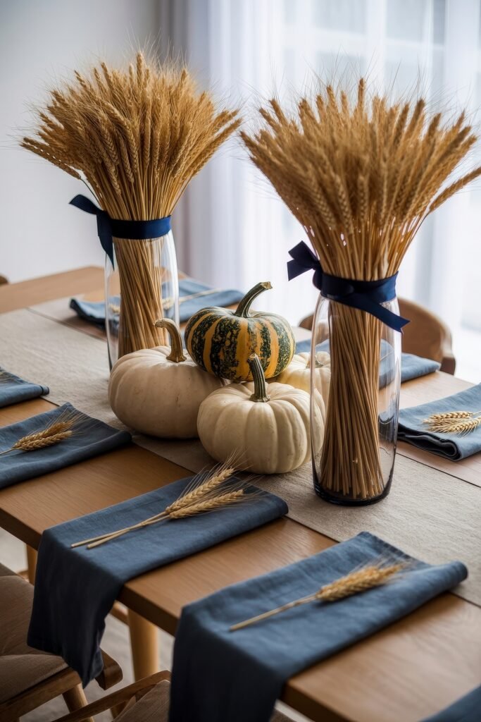 Breezy Blues & Driftwood Accents: Coastal Thanksgiving Tablescapes 26 Rustic-chic Thanksgiving table with bunches of dried wheat in glass vases tied with navy ribbons, white and green pumpkins, and deep blue napkins accented with wheat sprigs.