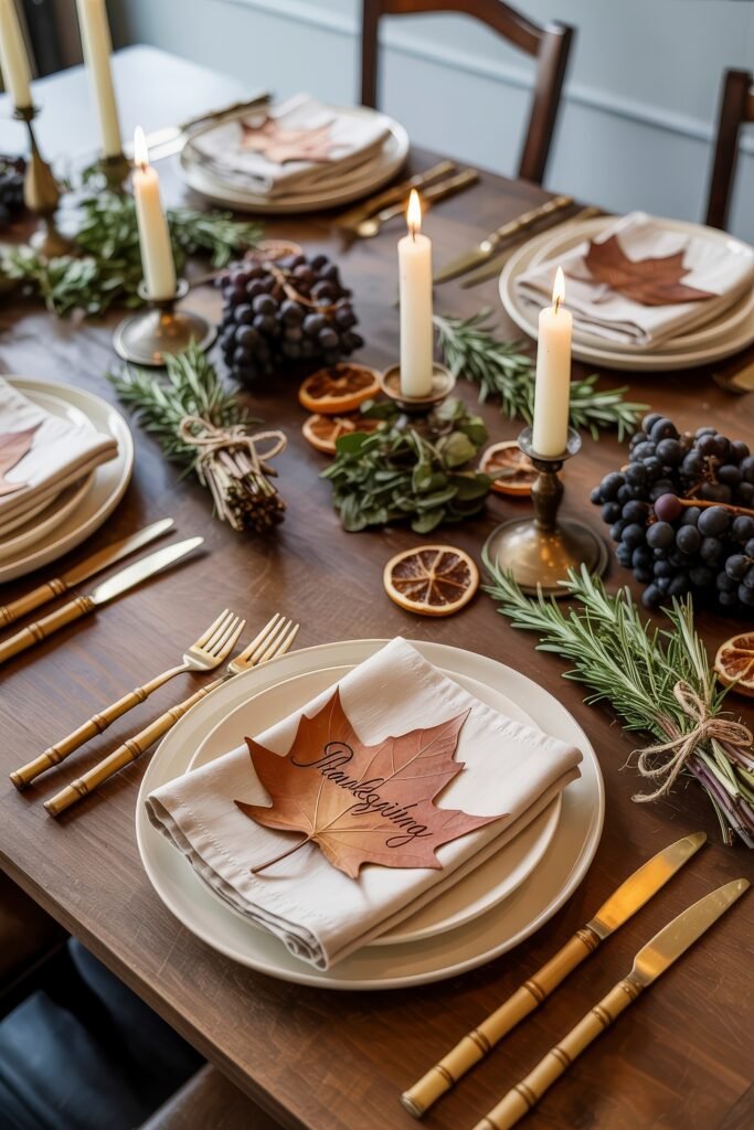 Effortless Harvest Table Looks: Thanksgiving Tablescapes Simple & Chic 25 Refined Thanksgiving setting with leaf-printed napkins, ivory taper candles, rosemary sprigs, grapes, and dried orange slices, capturing a warm and festive harvest mood.