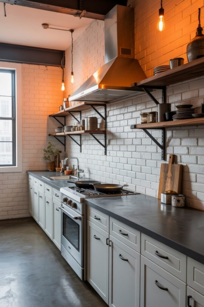 Inspiring Styles to Refresh Your White Kitchen Cabinets 25 Industrial-inspired kitchen with white shaker cabinets, concrete countertops, exposed bulb lighting, and white subway tile walls with black brackets and wood shelving.