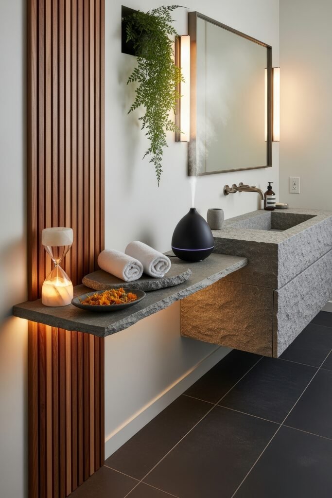 Gorgeous Ways to Elevate Your Bathroom Shelf Decor 29 Minimalist stone vanity with a floating shelf featuring spa-inspired bathroom decor including white towels, a diffuser, glowing hourglass, and a dish of dried petals, enhanced by ambient lighting and a hanging green plant.