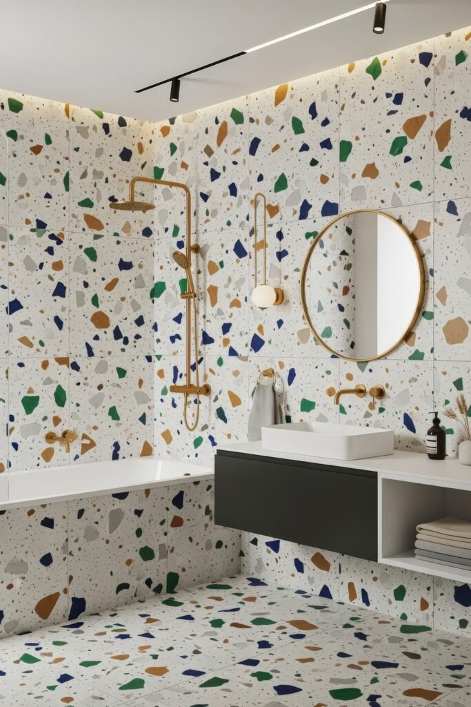Creative Ways to Elevate Your Bathroom Wall Decor 29 Bright terrazzo bathroom with large colorful chips in blue, green, tan, and gray, paired with gold hardware and modern black vanity, creating playful and bold bathroom wall decor.