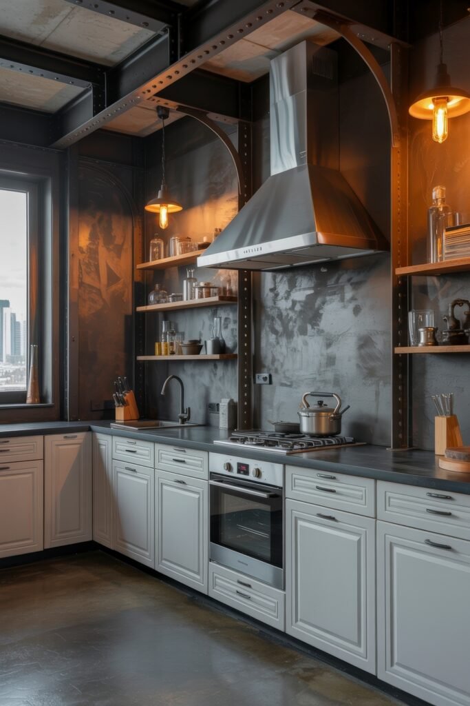 Inspiring Styles to Refresh Your White Kitchen Cabinets 26 Urban loft-style kitchen with steel and wood shelving, white cabinets, dark countertops, and dramatic lighting set against a metallic textured wall.