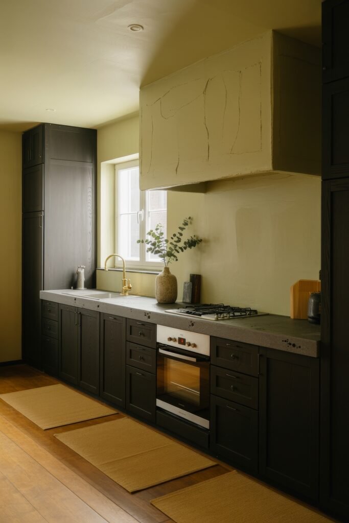Chic Ways to Style a Modern Black Kitchen 25 Earthy modern black kitchen with golden brass faucet, concrete countertop, and pale yellow plastered range hood contrasting the dark wood cabinetry.