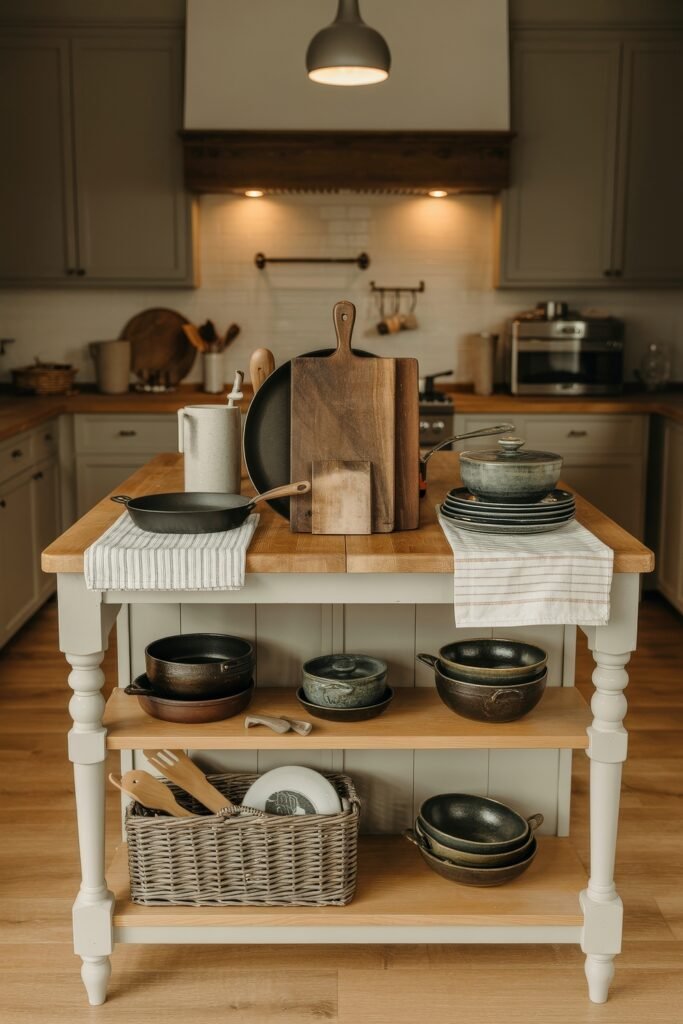 Rustic‑Modern Kitchen Ideas for Warm, Sleek Style 24 Rustic modern kitchen with a white island table showcasing cutting boards, ceramic pots, and stacked dishware, with open lower shelves holding cookware and baskets.