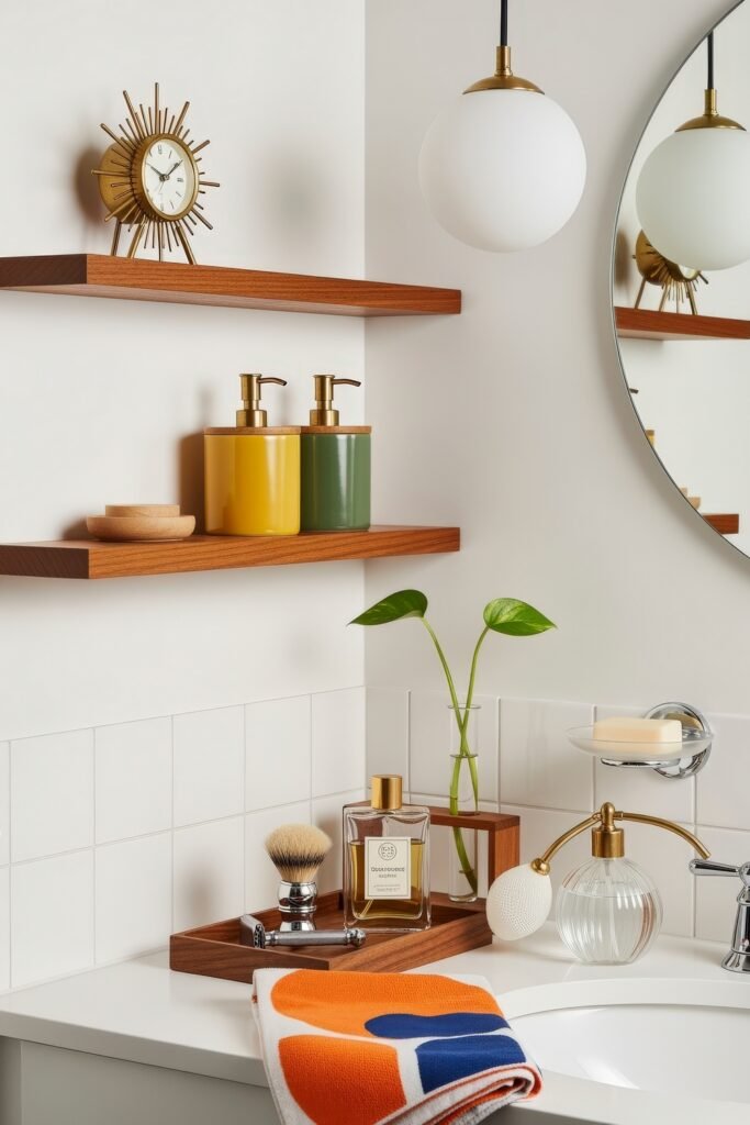 Gorgeous Ways to Elevate Your Bathroom Shelf Decor 30 Mid-century modern bathroom with wooden floating shelves showcasing colorful soap dispensers, wooden bowls, and a sunburst clock, paired with a circular mirror, leafy plant, and retro accessories for stylish bathroom shelf decor.