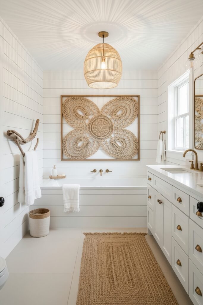 Creative Ways to Elevate Your Bathroom Wall Decor 30 Coastal-inspired bathroom with white shiplap walls, brass fixtures, and a large woven art piece as the focal point of the bathroom wall decor, completed with natural textures and soft lighting.