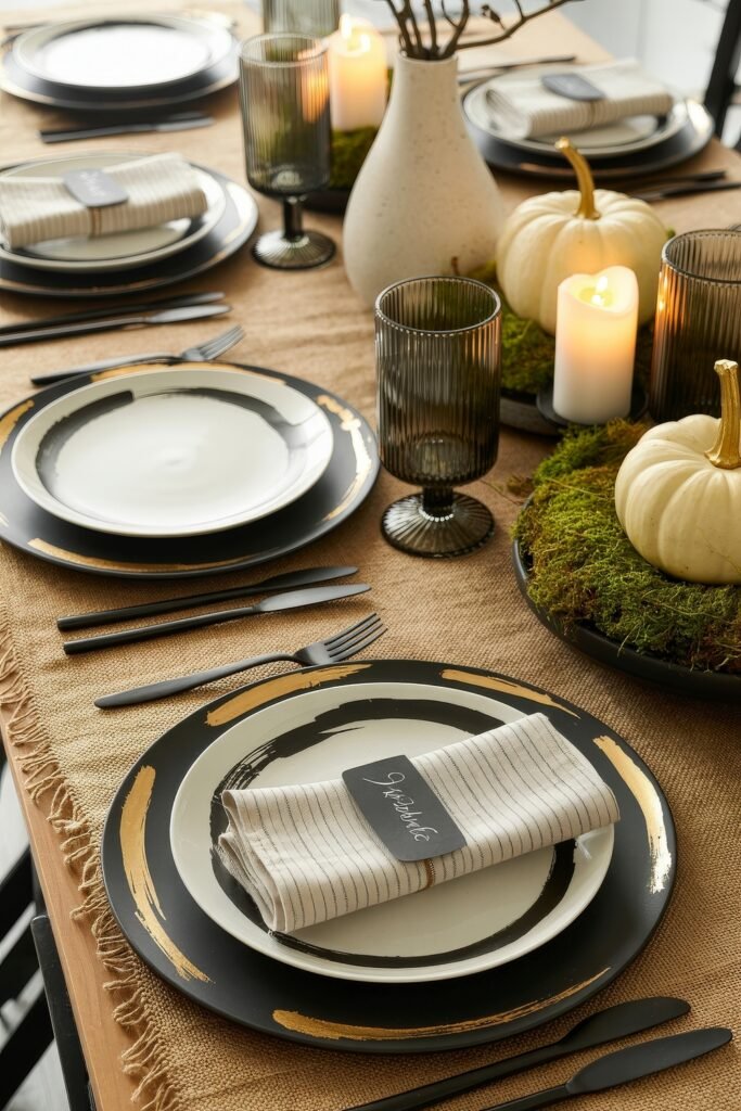 Monochrome Marvels: Black & White Thanksgiving Tablescapes 28 Elegant table setting with striped napkin labeled “Gratitude,” paired with black and gold-rimmed plates, mossy pumpkin centerpiece, warm candlelight, and dark ribbed glassware.