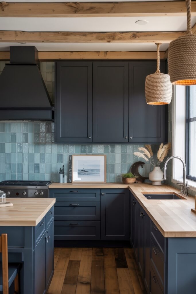 Stunning Ways to Style Black Kitchen Cabinets 32 Cozy kitchen with navy blue cabinetry, butcher block countertops, rustic wood ceiling beams, and a glossy sea-green tile backsplash, complemented by rope pendant lights and coastal decor.