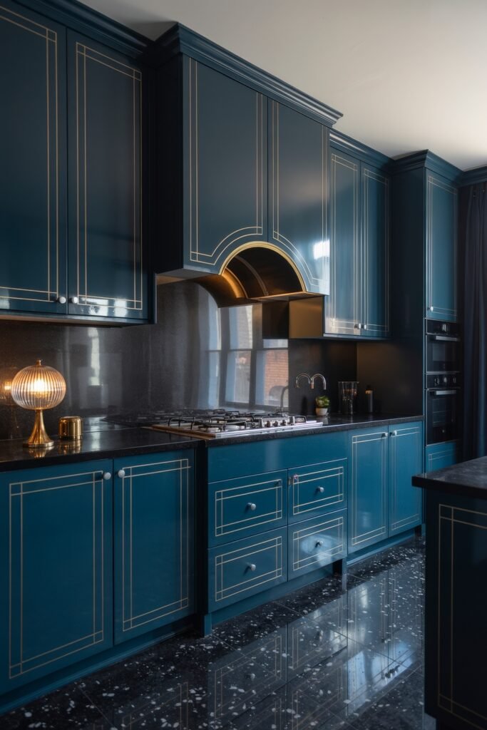 Inspiring Looks for Blue Kitchen Cabinets in Every Style 33 Luxurious kitchen with glossy blue cabinets accented by gold trim, a black stone countertop and backsplash, and a gas stove beneath a custom arched hood.