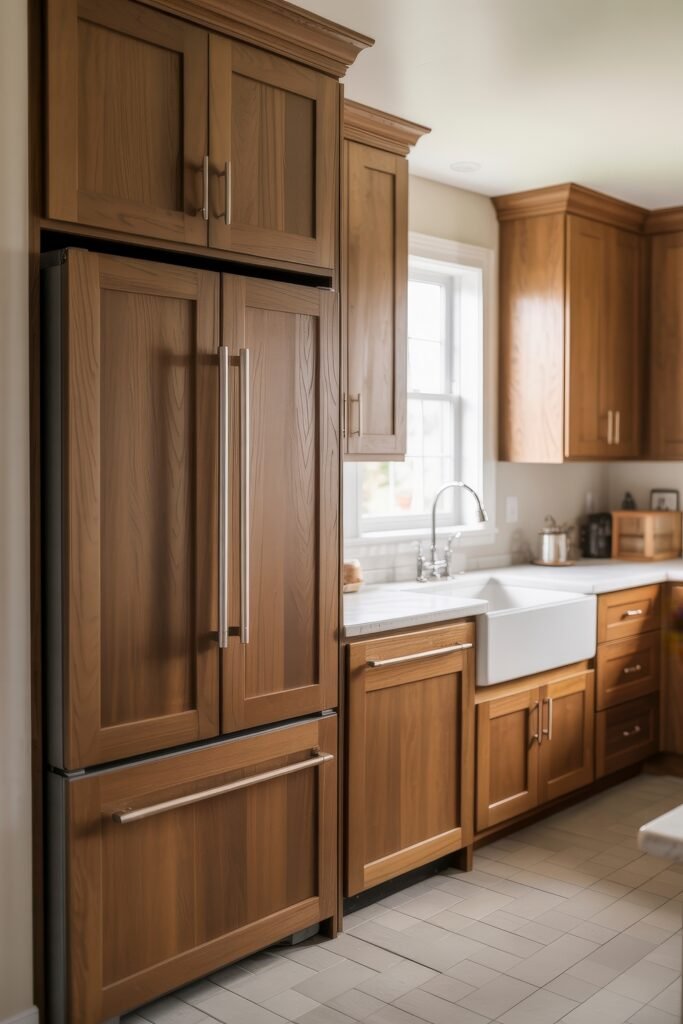 Rustic‑Modern Kitchen Ideas for Warm, Sleek Style 25 Traditional kitchen featuring full-height wood cabinets, a white farmhouse sink, and a panel-front refrigerator, creating a cohesive look with warm natural tones.