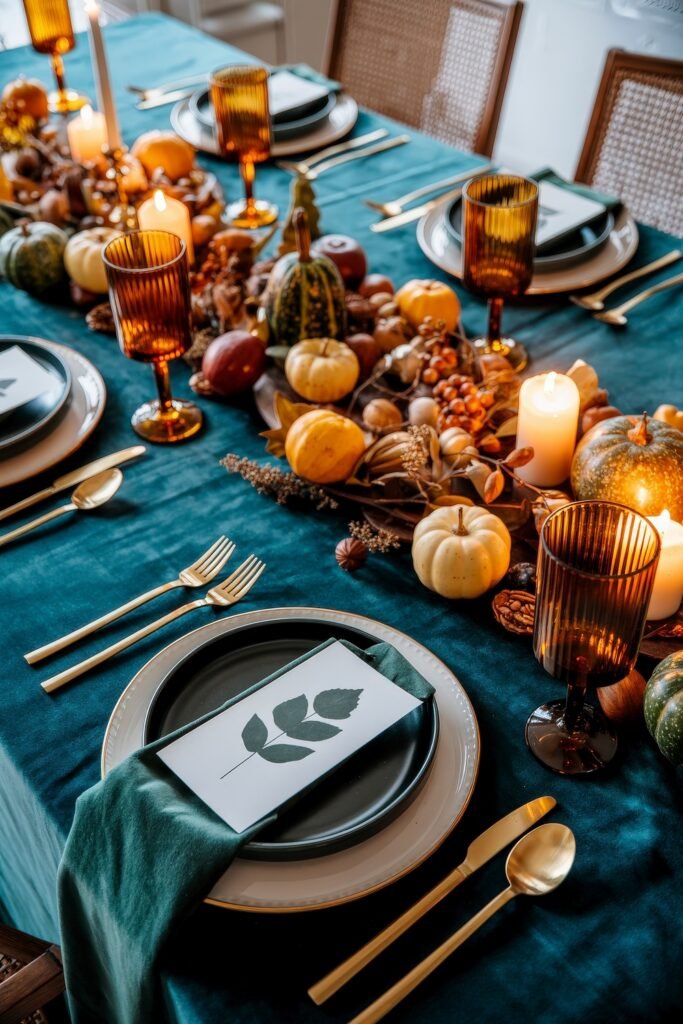 Effortless Harvest Table Looks: Thanksgiving Tablescapes Simple & Chic 26 Colorful and elegant Thanksgiving table with a teal tablecloth, amber goblets, and a centerpiece of pumpkins, nuts, candles, and dried botanicals surrounding modern black dinnerware.