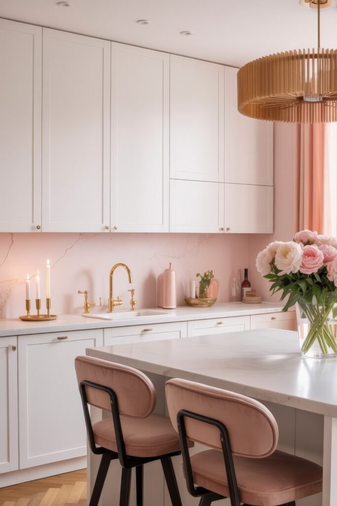 Inspiring Styles to Refresh Your White Kitchen Cabinets 27 Elegant pink-themed kitchen with white cabinets, gold fixtures, soft blush accents, and floral decor, blending modern design with romantic charm.