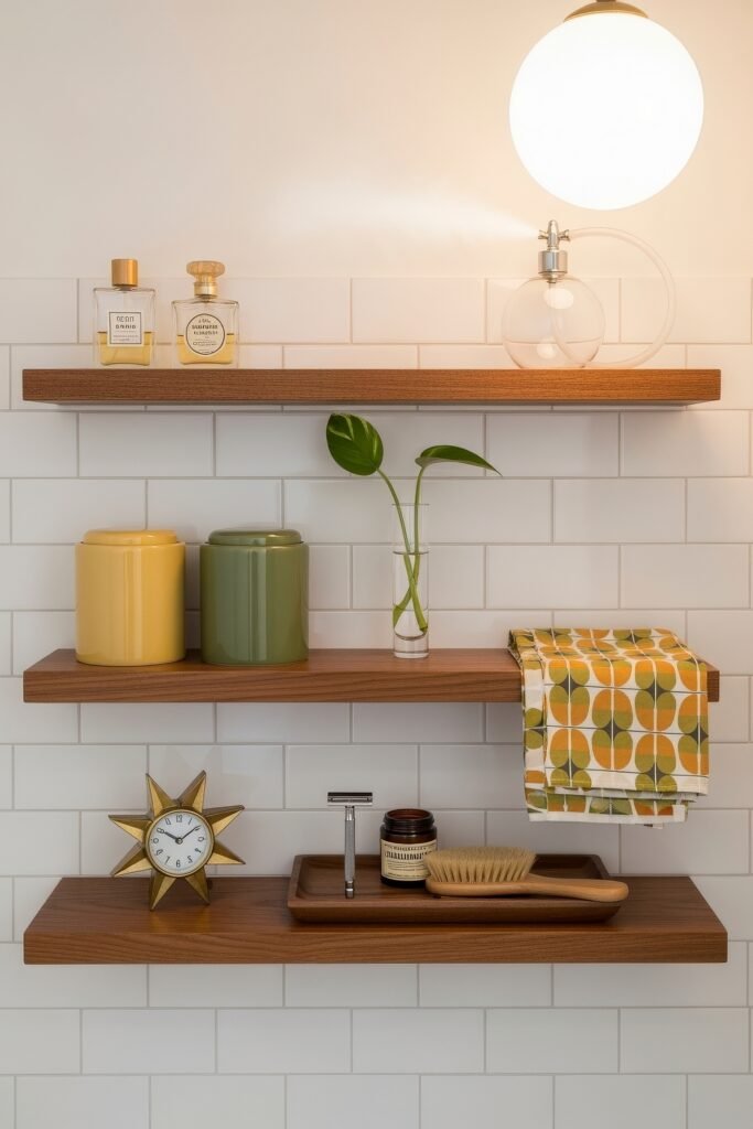 Gorgeous Ways to Elevate Your Bathroom Shelf Decor 31 Retro-inspired bathroom with white subway tile walls and wood floating shelves styled with amber glass perfume bottles, green and yellow containers, a sunburst clock, shaving set, and a mid-century pattern towel as colorful bathroom shelf decor.