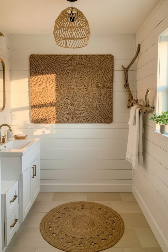 Creative Ways to Elevate Your Bathroom Wall Decor 31 Bright and natural bathroom featuring white shiplap walls, a round woven rug, a wicker pendant light, and textured wall art that doubles as subtle bathroom wall decor.