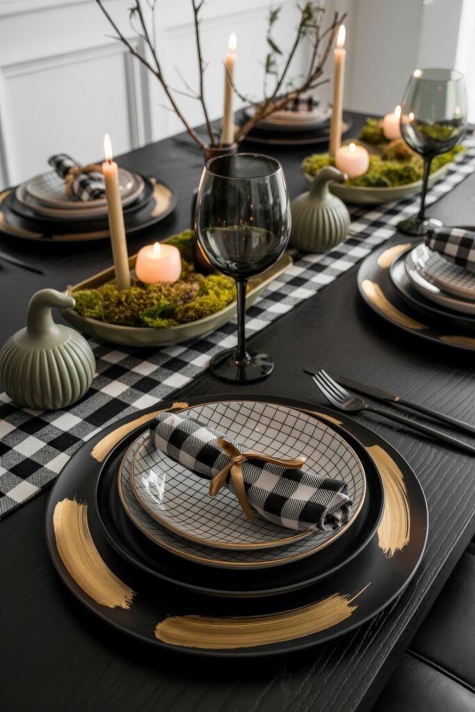 Monochrome Marvels: Black & White Thanksgiving Tablescapes 29 Sophisticated black and white thanksgiving tablescape with gold-accented plates, grid napkins tied with gold ribbon, moss arrangements, taper candles, and matte green ceramic bird figurines.