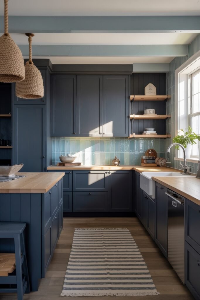 Stunning Ways to Style Black Kitchen Cabinets 33 Bright kitchen with navy shaker cabinets, butcher block counters, and green tile backsplash, featuring open wooden shelves, farmhouse sink, and woven pendant lights beneath blue ceiling beams.