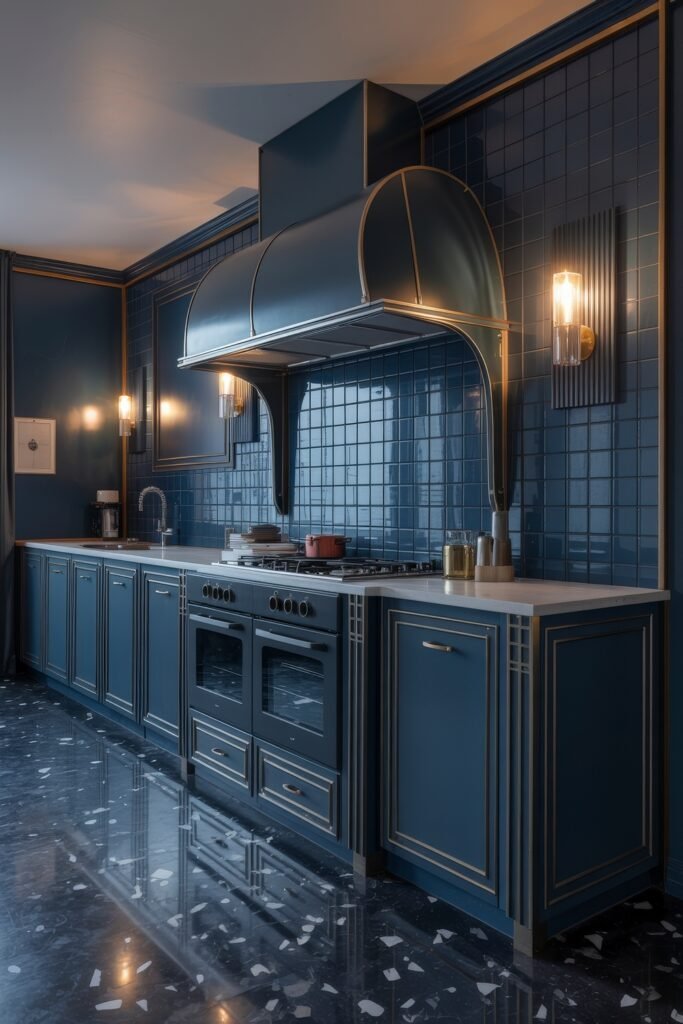Inspiring Looks for Blue Kitchen Cabinets in Every Style 34 Sophisticated kitchen with matte blue cabinetry, a striking curved range hood, glossy dark tile backsplash, and polished terrazzo-style flooring.