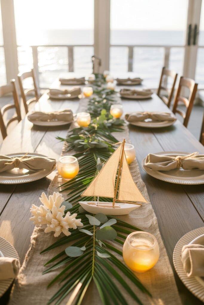 Breezy Blues & Driftwood Accents: Coastal Thanksgiving Tablescapes 28 Seaside Thanksgiving table styled with a miniature sailboat, glowing votives, palm leaves, eucalyptus sprigs, and a burlap runner, all overlooking a sunlit ocean view.