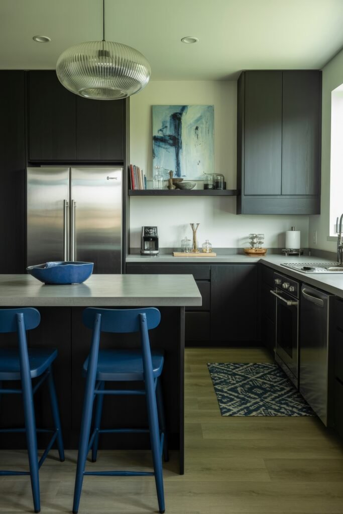 Chic Ways to Style a Modern Black Kitchen 27 Sleek modern black kitchen featuring bold blue chairs, pale counters, stainless steel appliances, and blue abstract art for a fresh and stylish contrast.