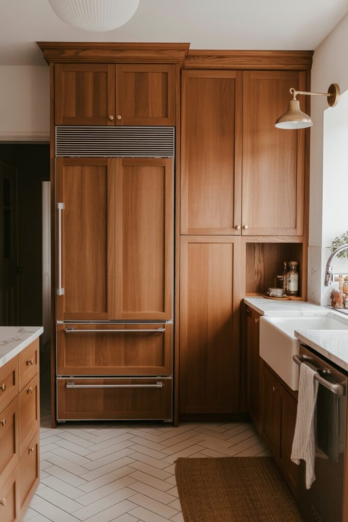 Rustic‑Modern Kitchen Ideas for Warm, Sleek Style 26 Elegant kitchen with herringbone tile flooring, wood cabinetry, farmhouse sink, and integrated refrigerator, bathed in soft natural light from a nearby window.